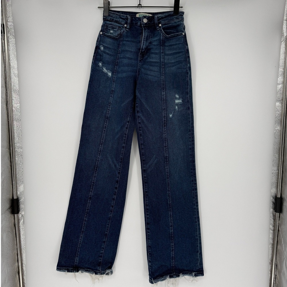 Rockin' G High Rise Wide Leg Distressed Jeans Dark Wash Seam Detail 25